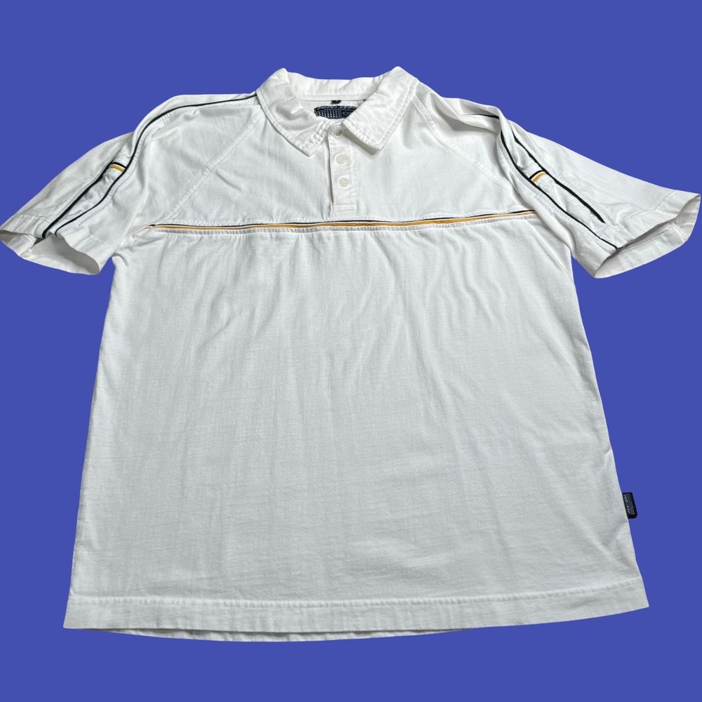 Point Zero Striped Polo Shirt L White Button Neck Y2K Casual Streetwear